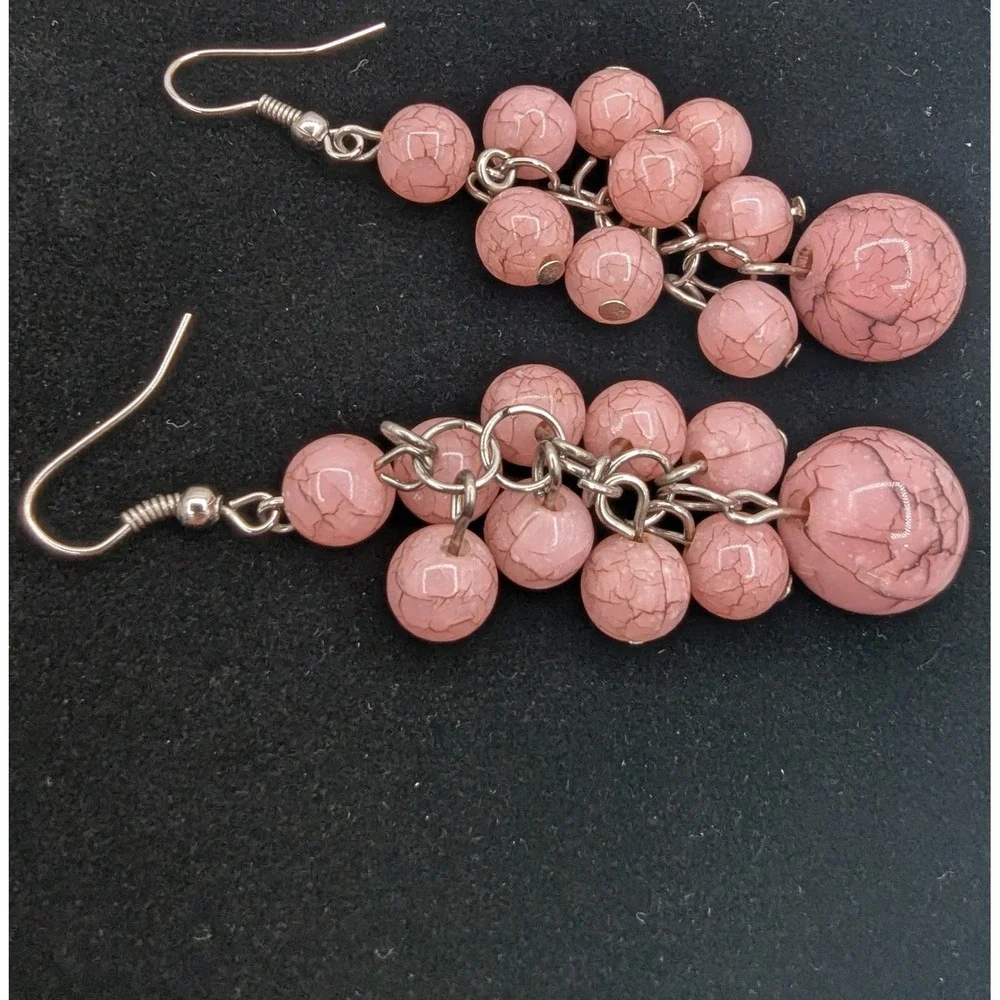Pink‎ Crackle Glass Bead Cluster Dangle Earrings Silver Tone Fishhook Statement